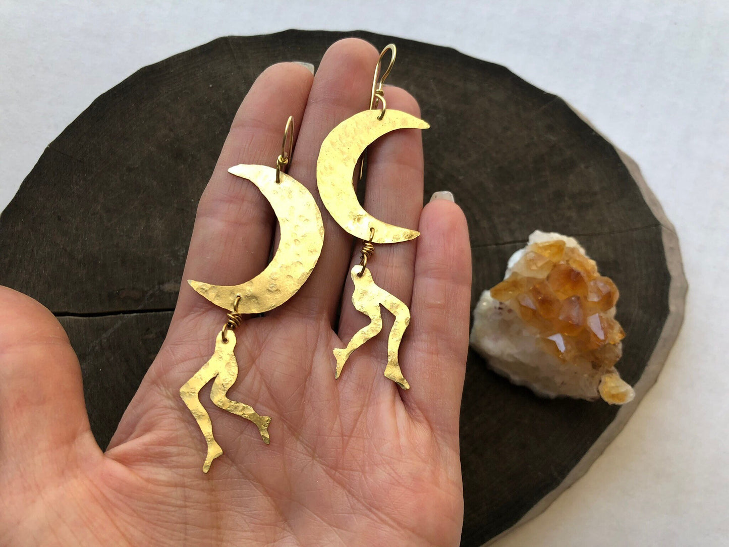 Handmade Crescent Moon Leg Earrings: Brass Lunar Jewelry, leggy Luna earrings