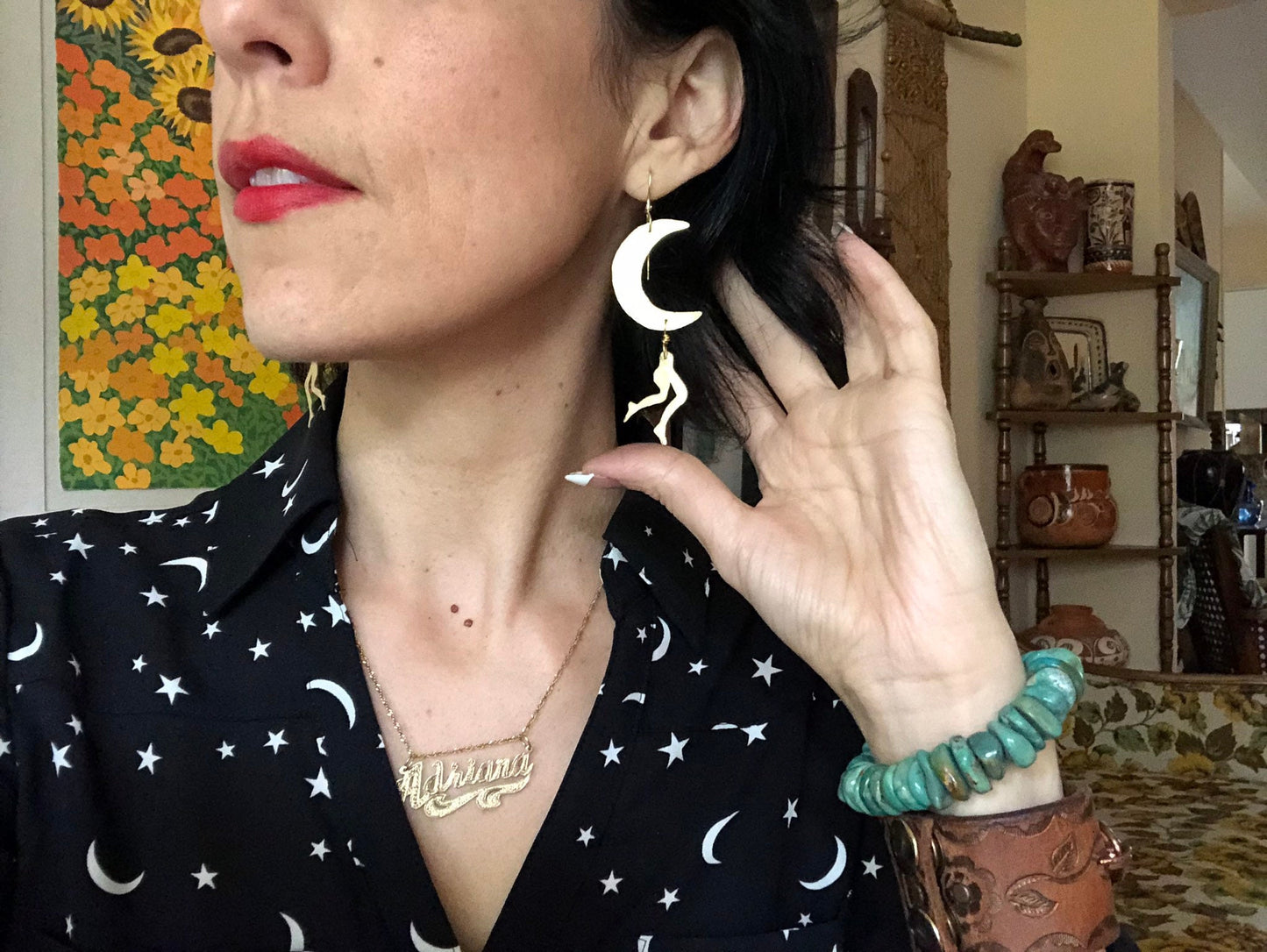 Handmade Crescent Moon Leg Earrings: Brass Lunar Jewelry, leggy Luna earrings