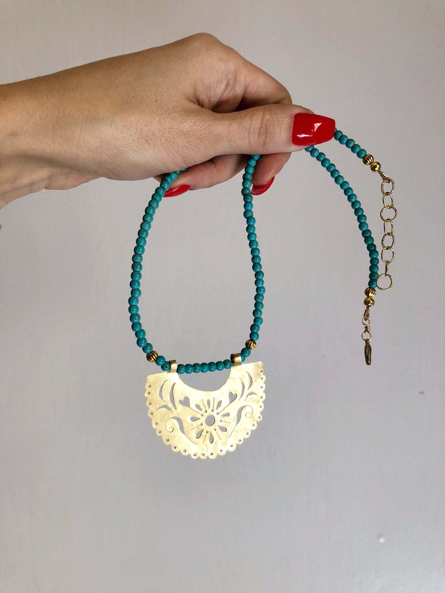 Papel Picado Brass Necklace: Turquoise Beaded, Handmade