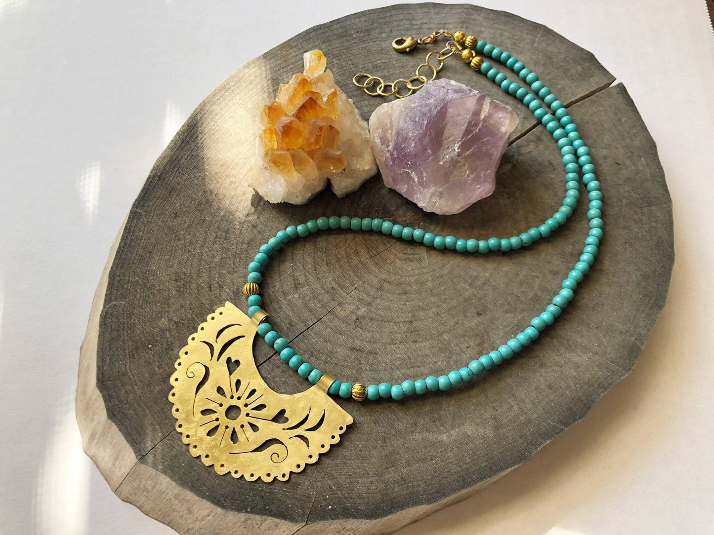 Papel Picado Brass Necklace: Turquoise Beaded, Handmade