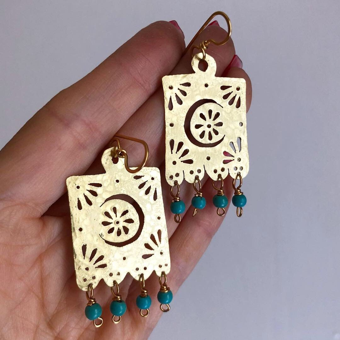 Handmade Papel Picado Crescent Moon Earrings: Metal Flor De Luna