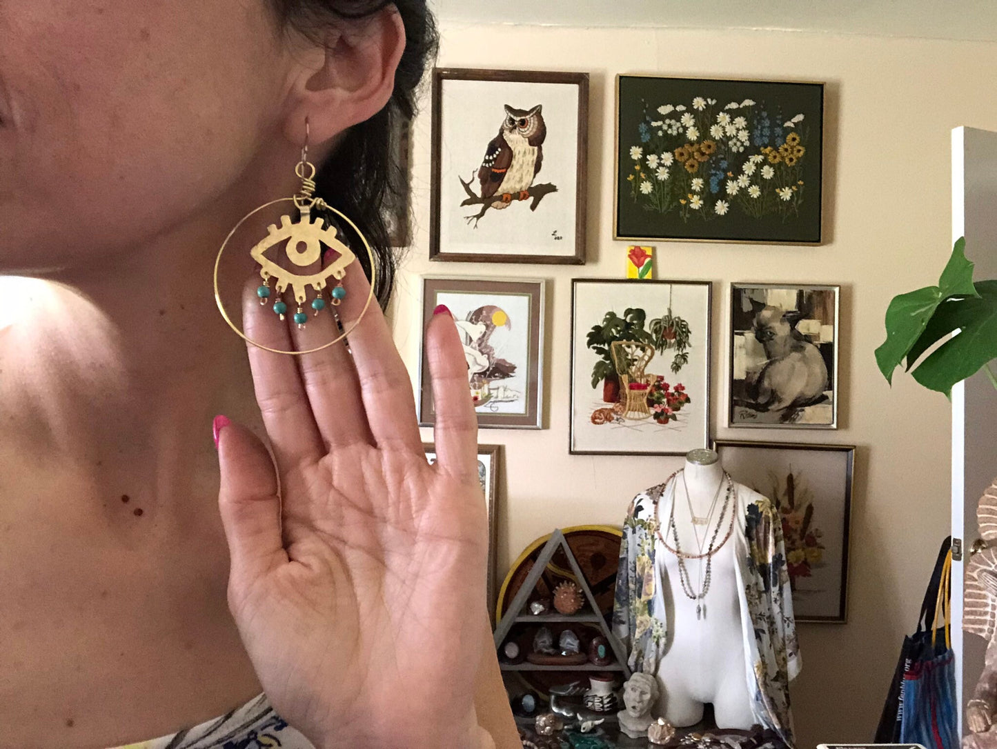 Handmade Brass Eye Earrings: Magnesite Bead Dangle Earrings