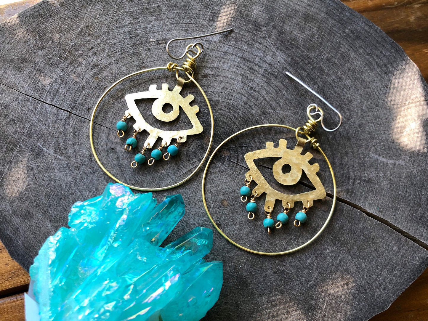 Handmade Brass Eye Earrings: Magnesite Bead Dangle Earrings