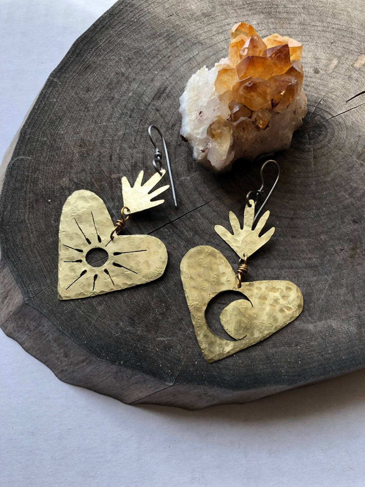 Sacred Heart Celestial Earrings: Sun and Moon, Handmade