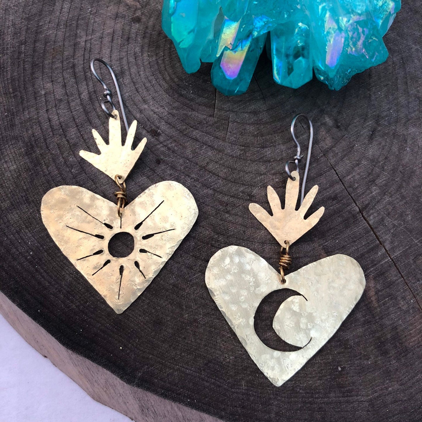 Sacred Heart Celestial Earrings: Sun and Moon, Handmade