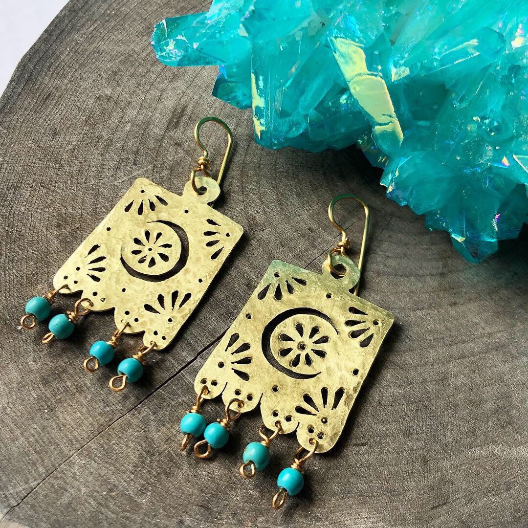 Handmade Papel Picado Crescent Moon Earrings: Metal Flor De Luna