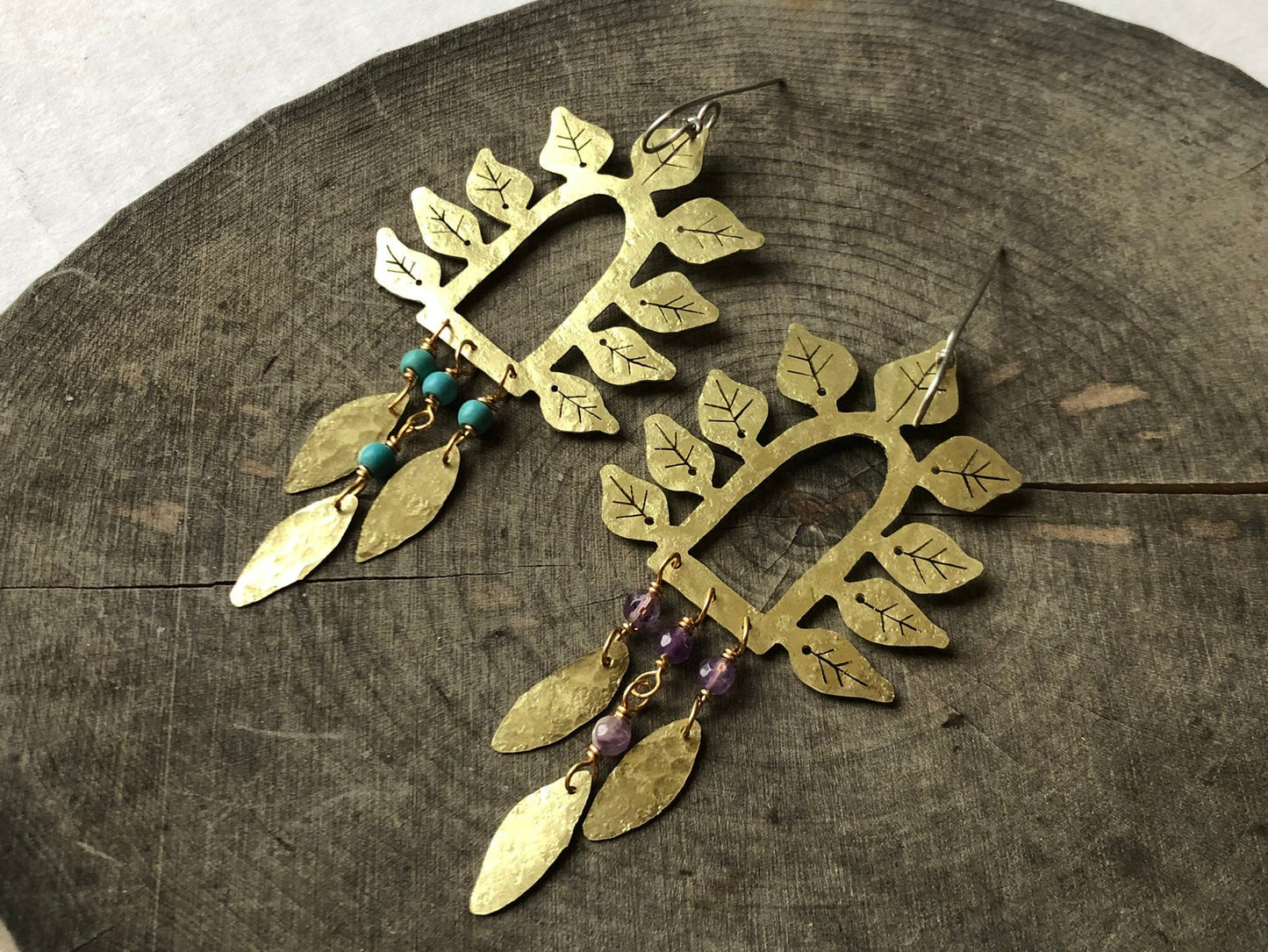Hammered Brass Leaf Earrings: Turquoise Stone Fringe, Handmade