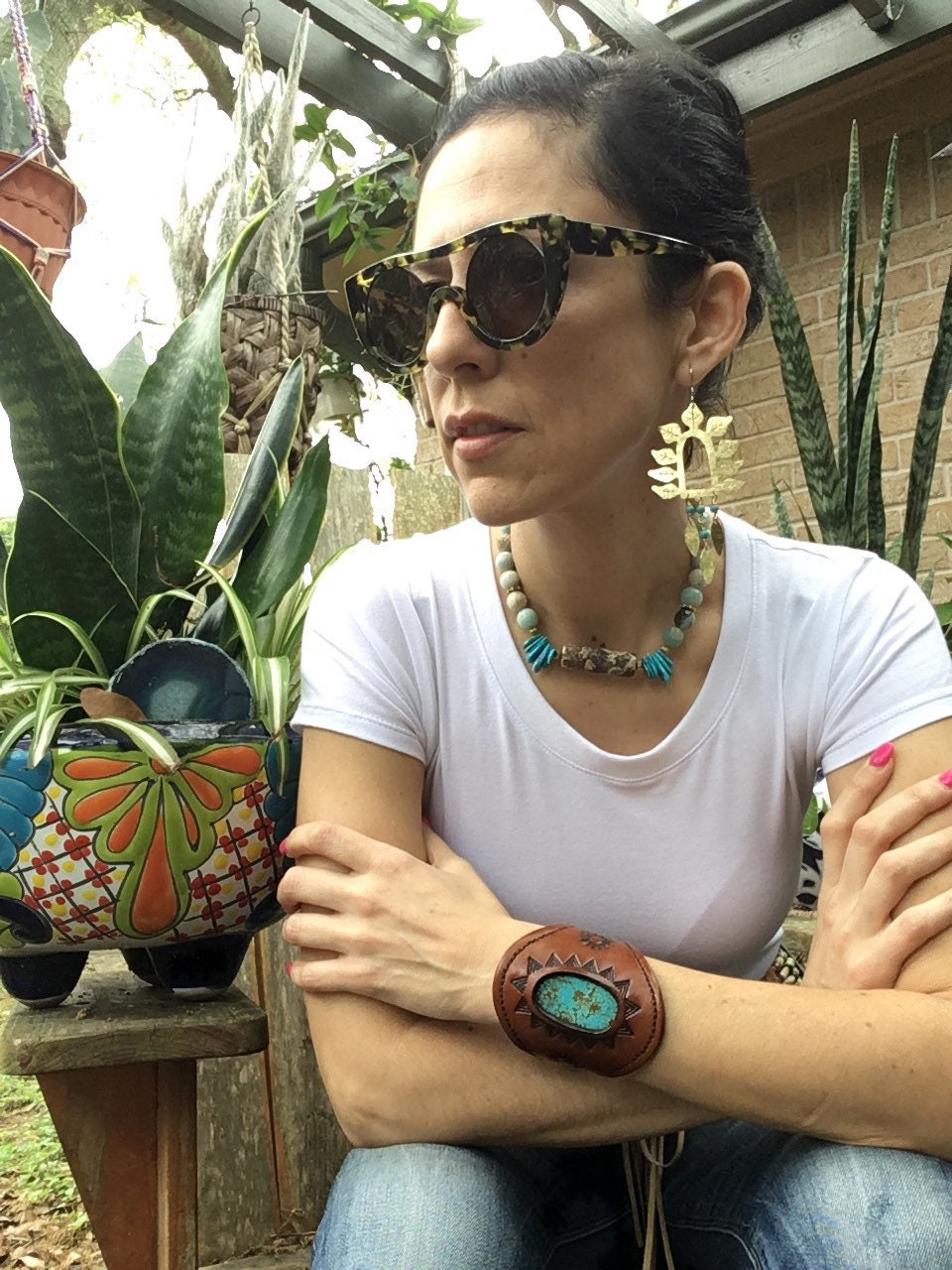 Hammered Brass Leaf Earrings: Turquoise Stone Fringe, Handmade