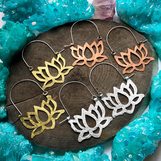 Hammered Metal Lotus Flower Hoop Earrings: Handmade Aluminum Jewelry