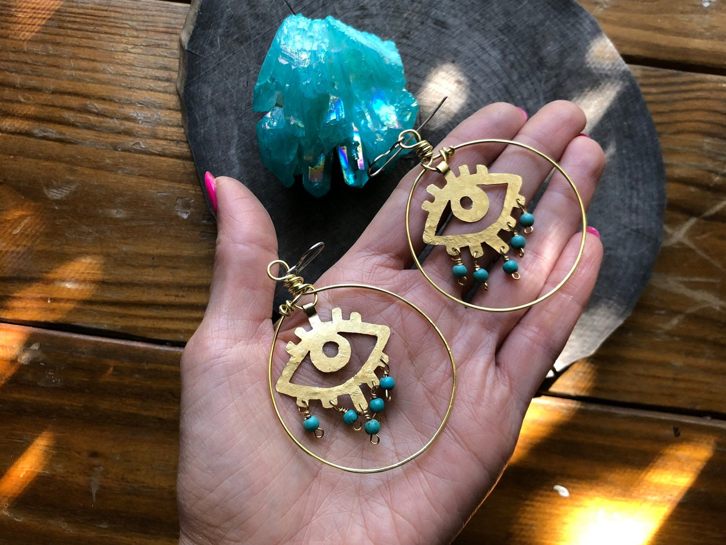 Handmade Brass Eye Earrings: Magnesite Bead Dangle Earrings