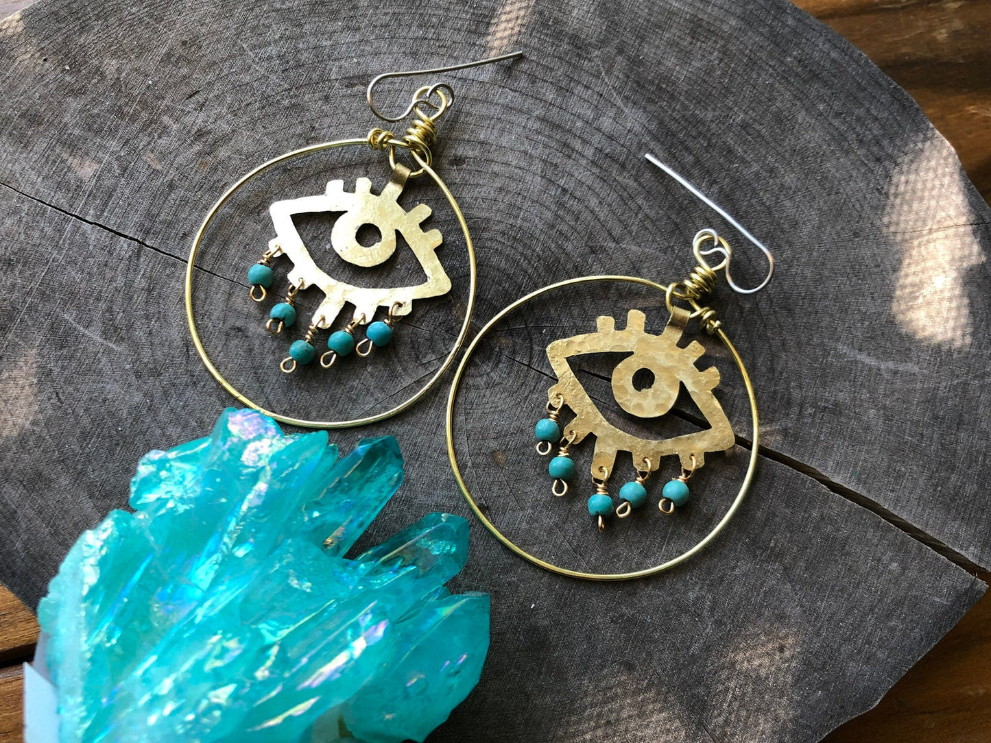 Handmade Brass Eye Earrings: Magnesite Bead Dangle Earrings