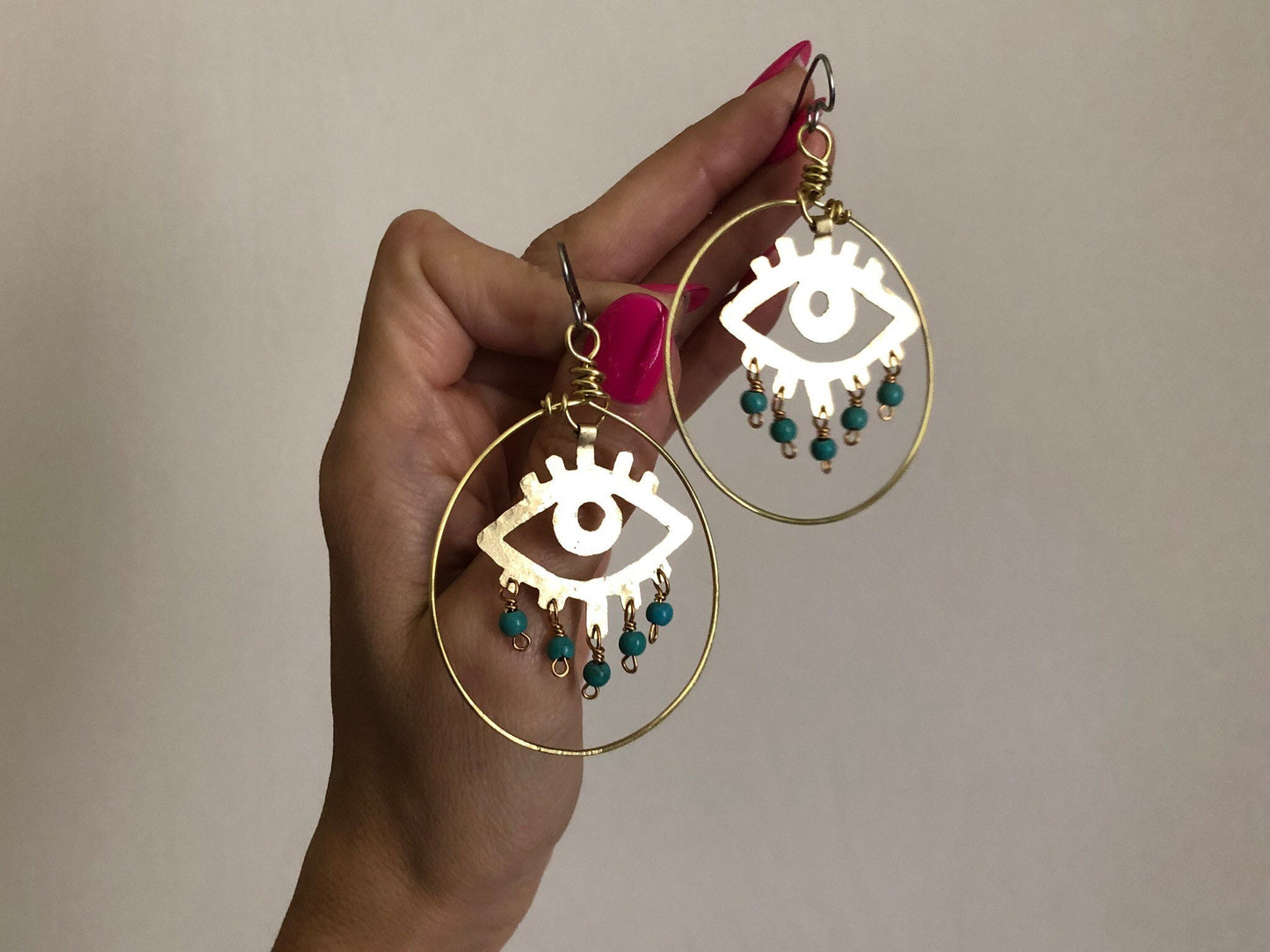 Handmade Brass Eye Earrings: Magnesite Bead Dangle Earrings