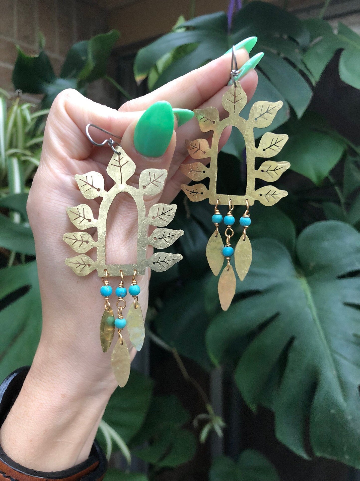 Hammered Brass Leaf Earrings: Turquoise Stone Fringe, Handmade