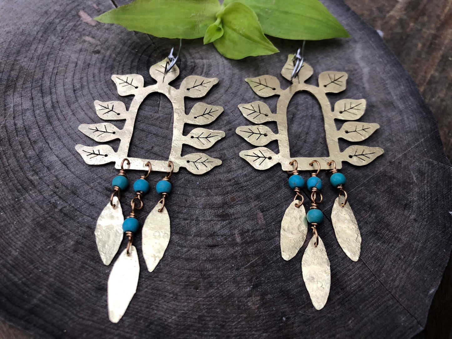 Hammered Brass Leaf Earrings: Turquoise Stone Fringe, Handmade