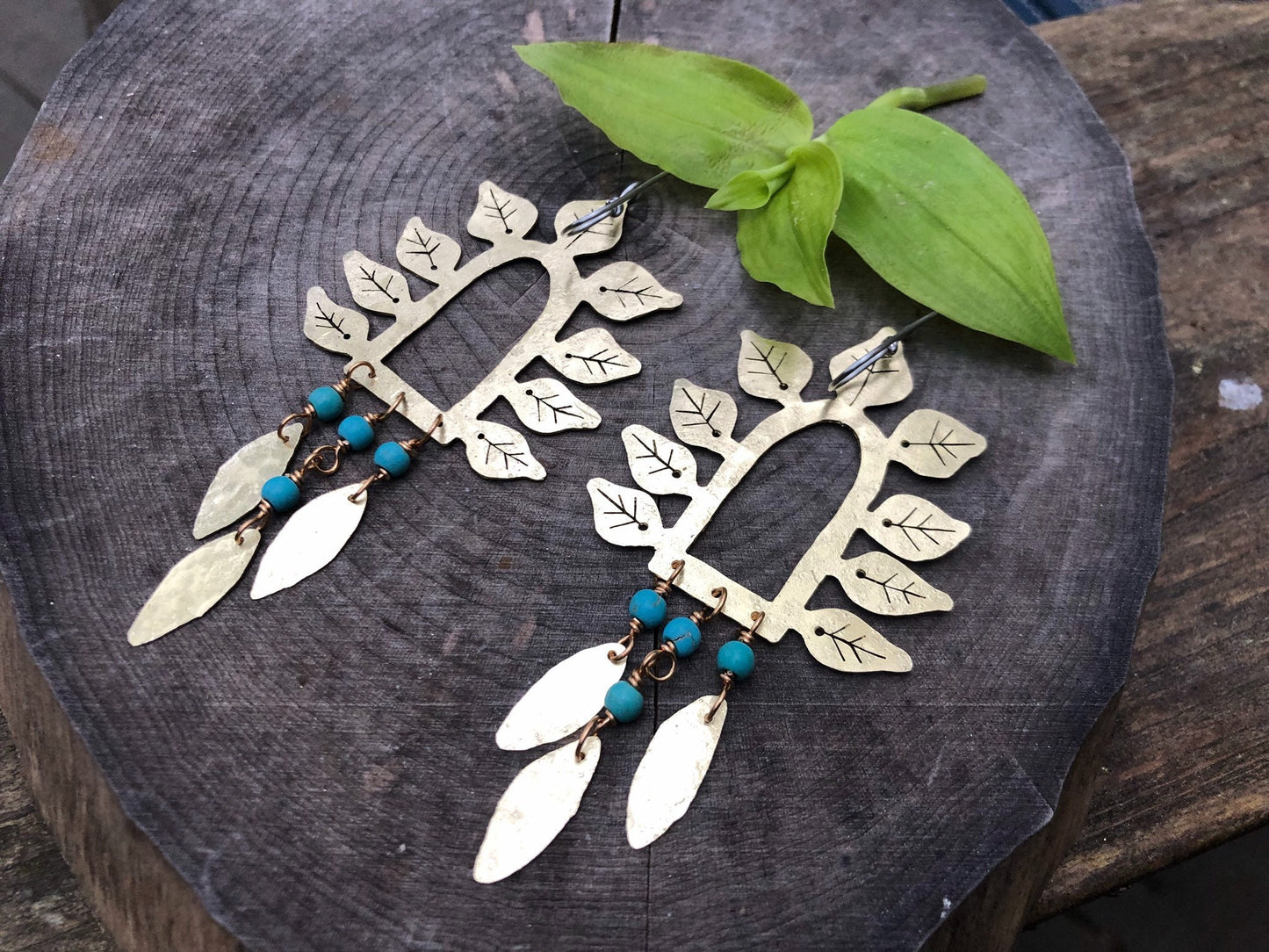 Hammered Brass Leaf Earrings: Turquoise Stone Fringe, Handmade