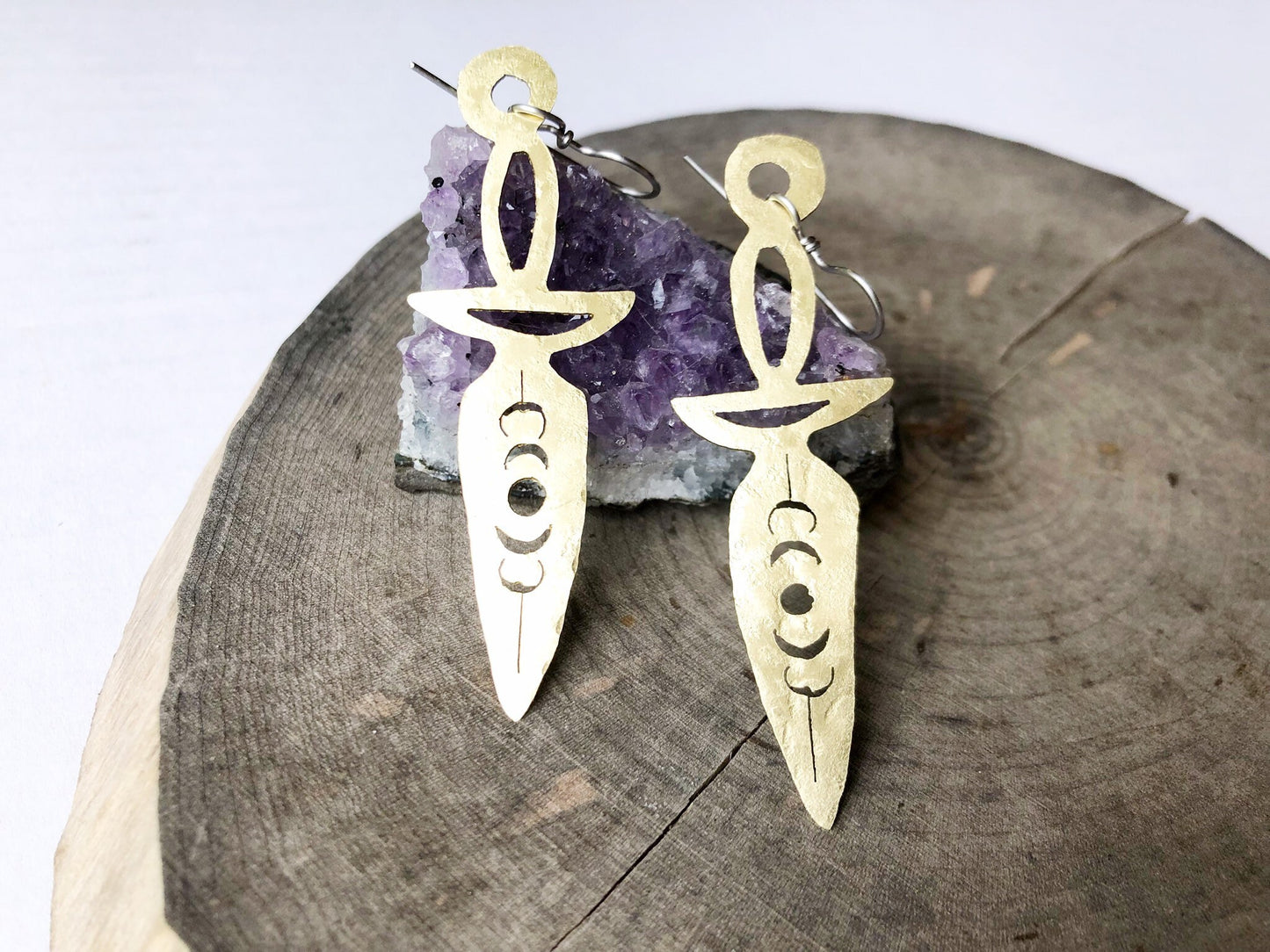 Dagger earrings, hammered metal jewelry, moon phase dagger earrings