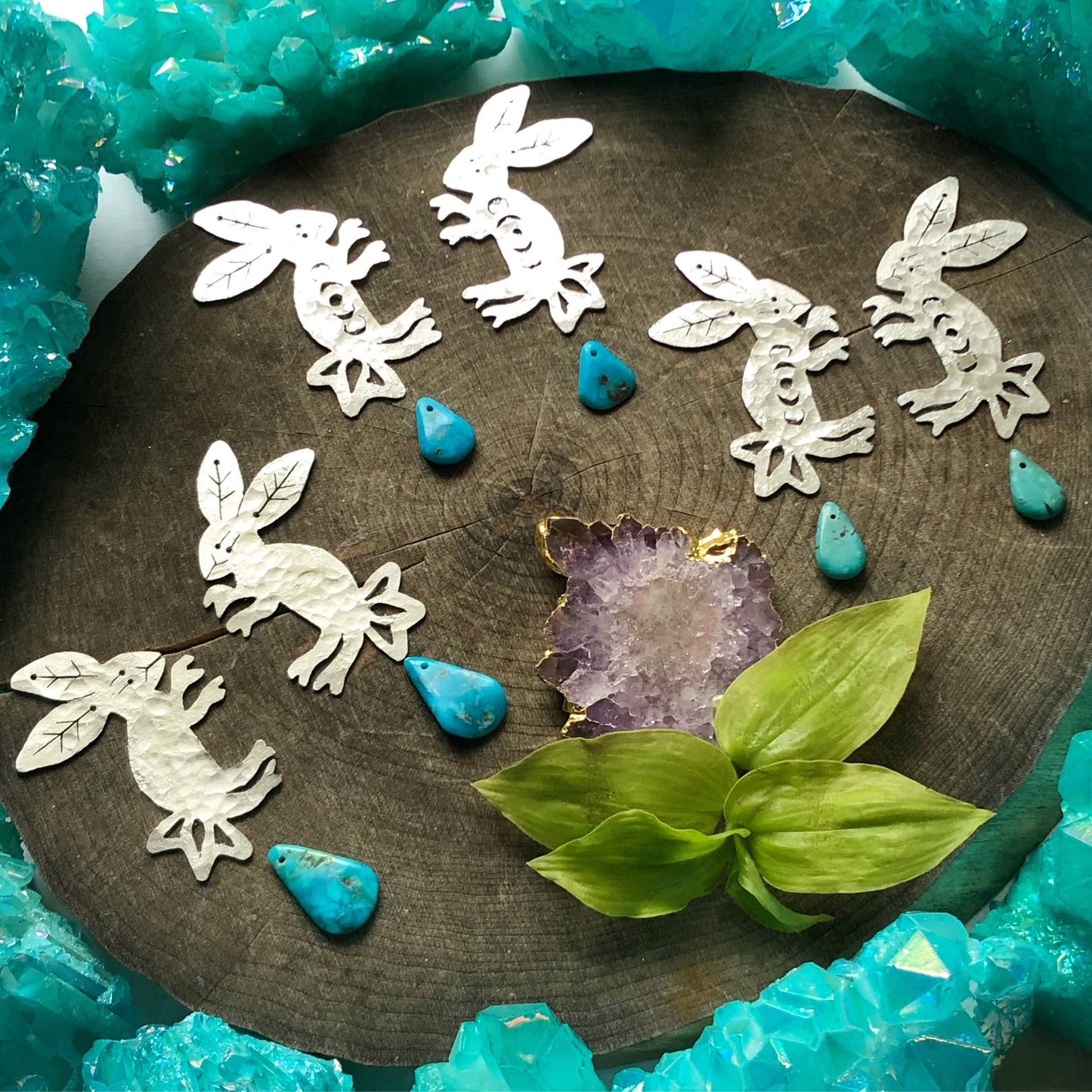 Otomi Rabbit Earrings: Handmade Aluminum Lunar Jewelry, Turquoise Accent