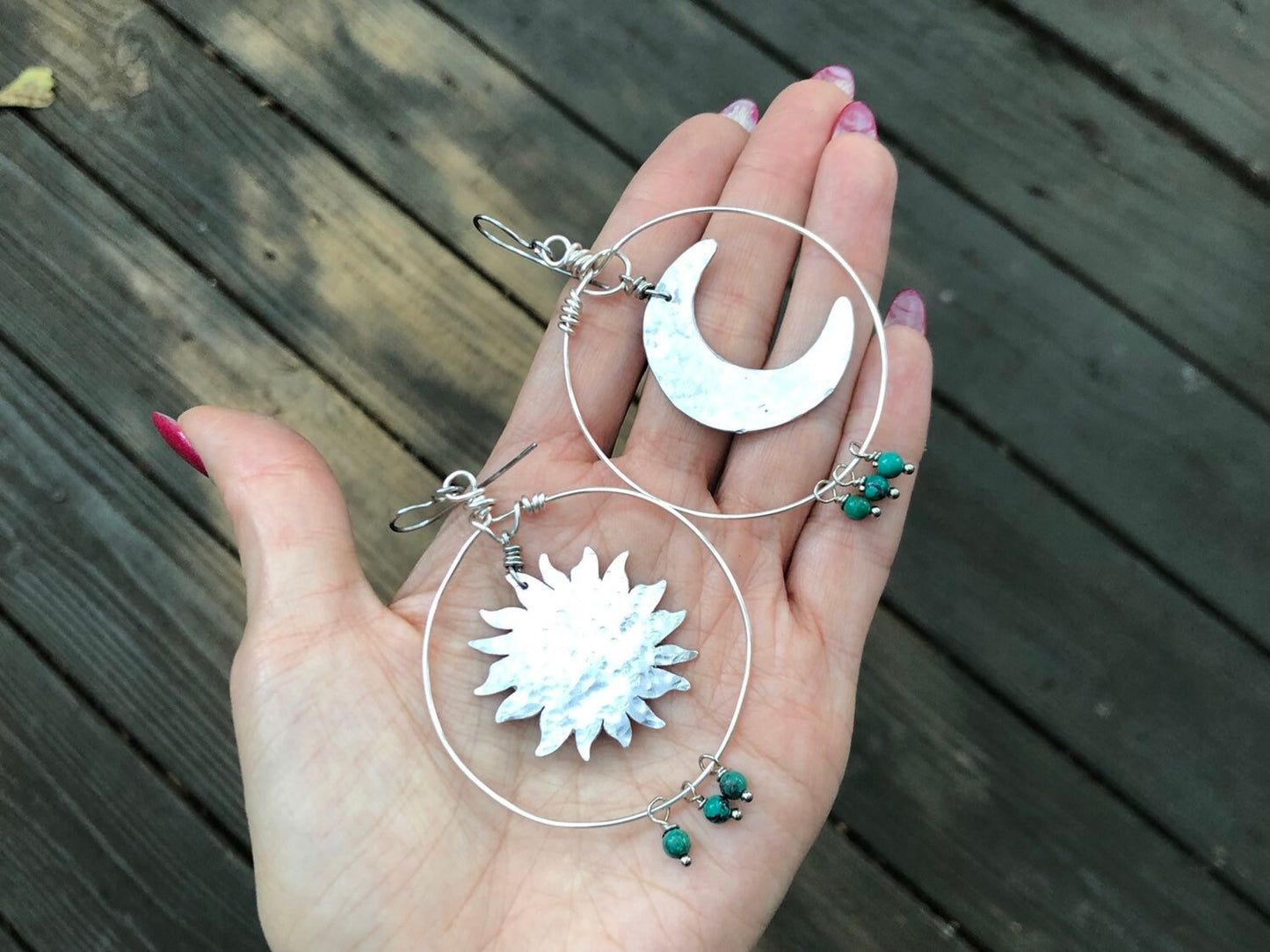Handmade Sun and Moon Hoop Earrings: Turquoise Celestial Jewelry