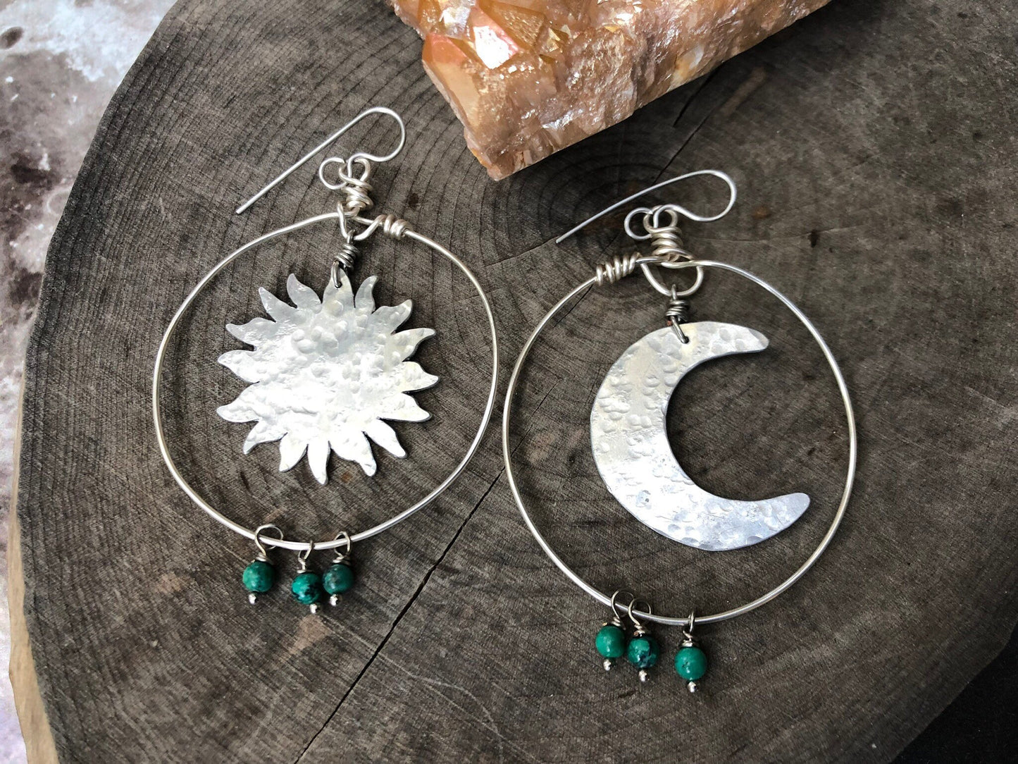 Handmade Sun and Moon Hoop Earrings: Turquoise Celestial Jewelry