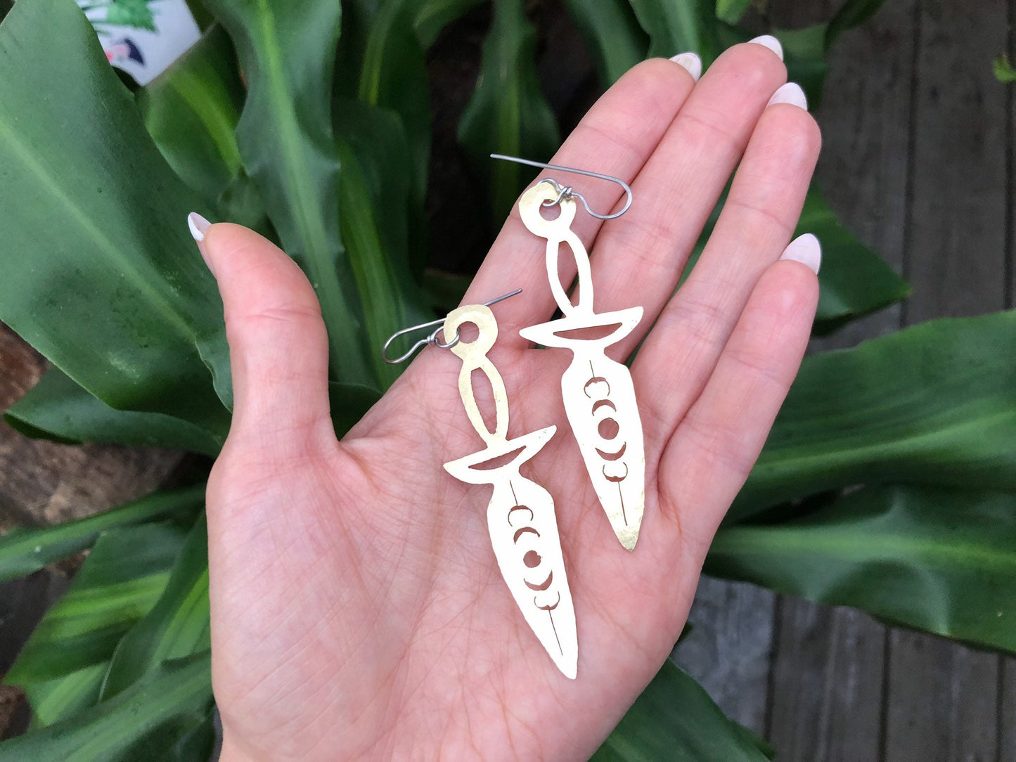 Dagger earrings, hammered metal jewelry, moon phase dagger earrings