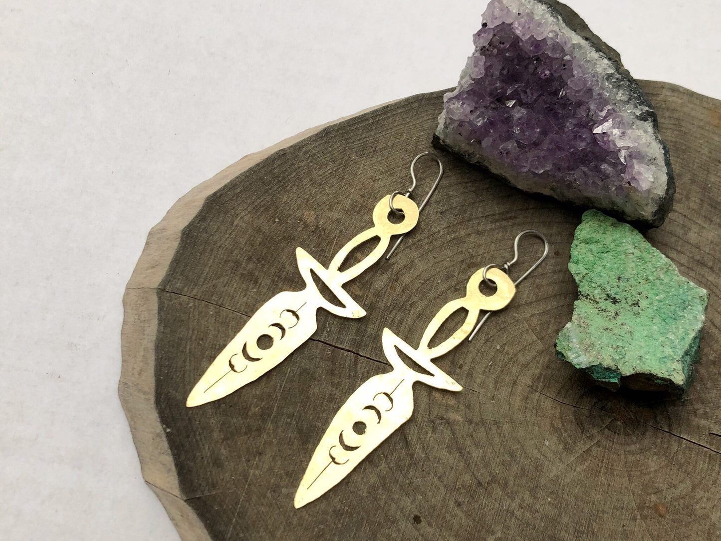 Dagger earrings, hammered metal jewelry, moon phase dagger earrings