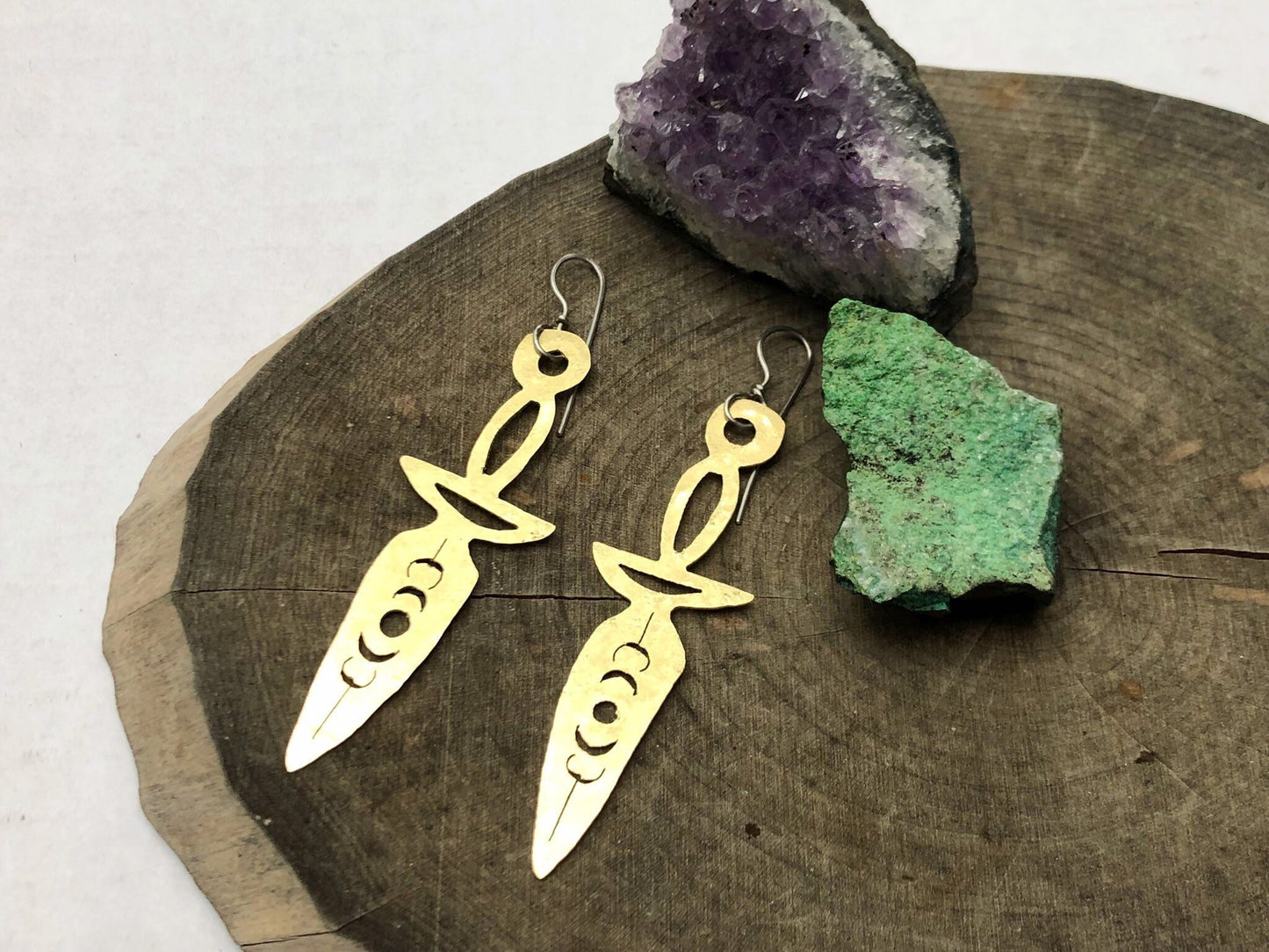 Dagger earrings, hammered metal jewelry, moon phase dagger earrings