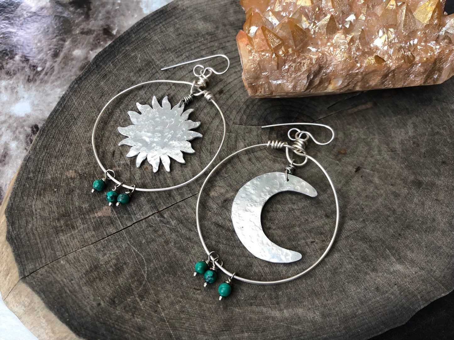 Handmade Sun and Moon Hoop Earrings: Turquoise Celestial Jewelry