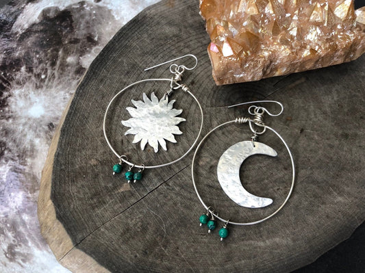 Handmade Sun and Moon Hoop Earrings: Turquoise Celestial Jewelry
