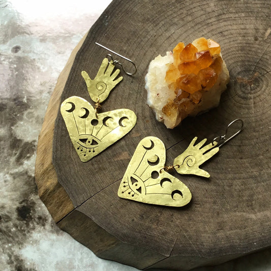 Handmade Celestial Heart Earrings: Brass Moon Phase Jewelry