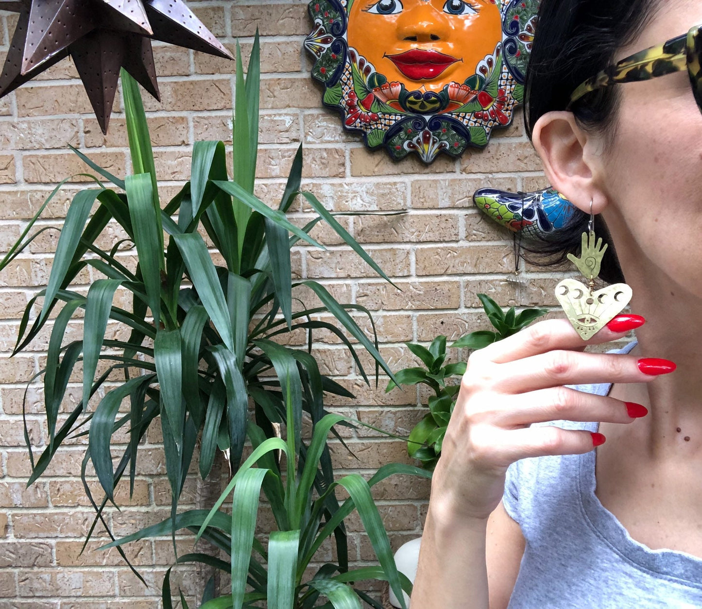 Handmade Celestial Heart Earrings: Brass Moon Phase Jewelry