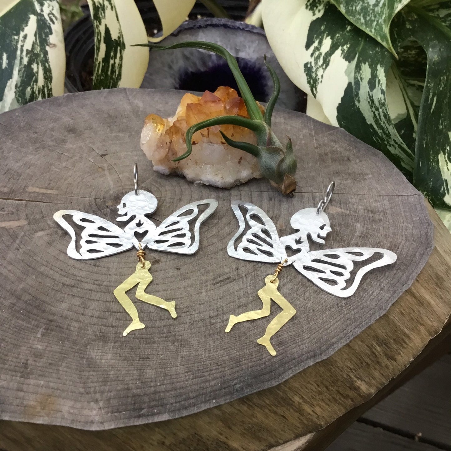 Handmade Surreal Butterfly Leg Earrings: Mixed Metal Skull Jewelry