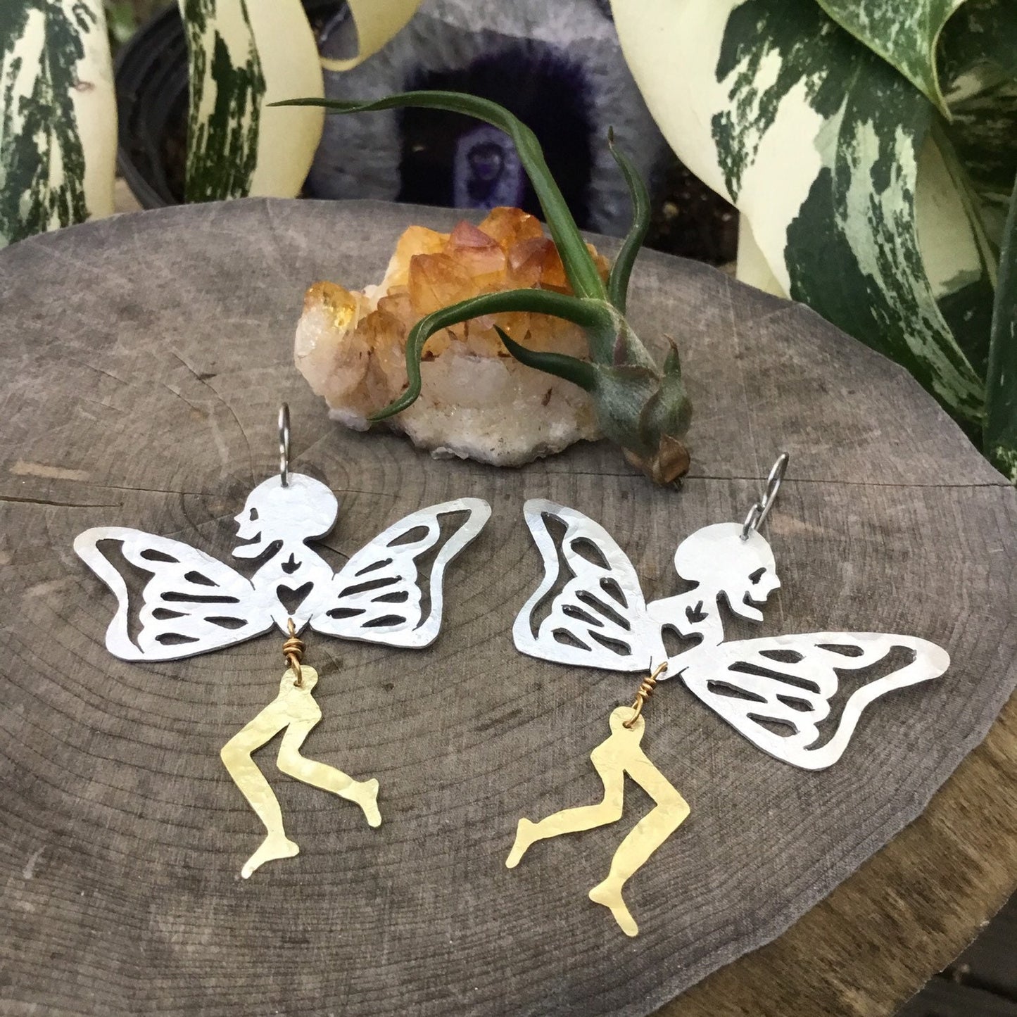 Handmade Surreal Butterfly Leg Earrings: Mixed Metal Skull Jewelry