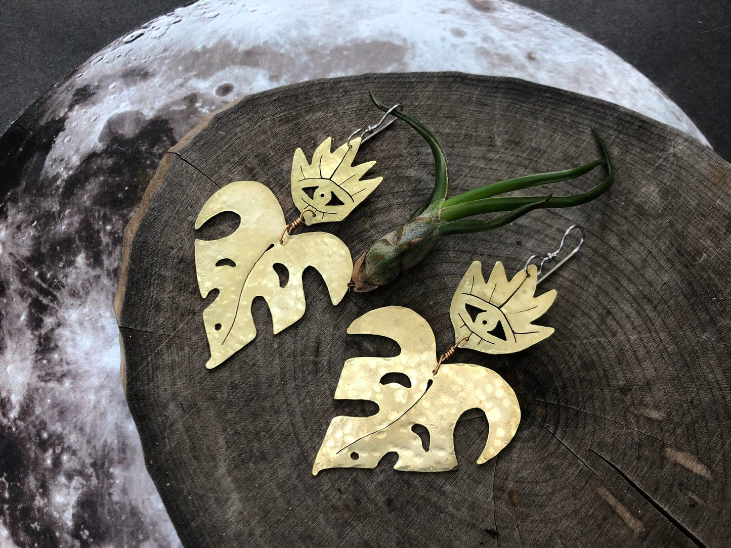 Handmade Sacred Heart Monstera Earrings: Hammered Brass Jewelry