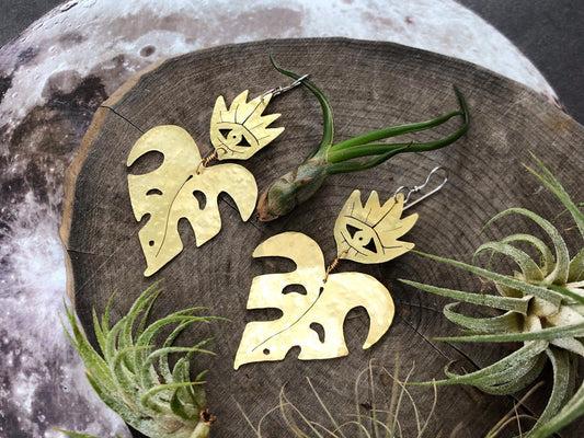 Handmade Sacred Heart Monstera Earrings: Hammered Brass Jewelry