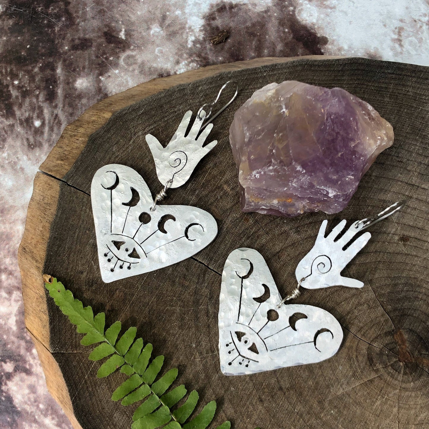 Handmade Celestial Heart Earrings: Brass Moon Phase Jewelry