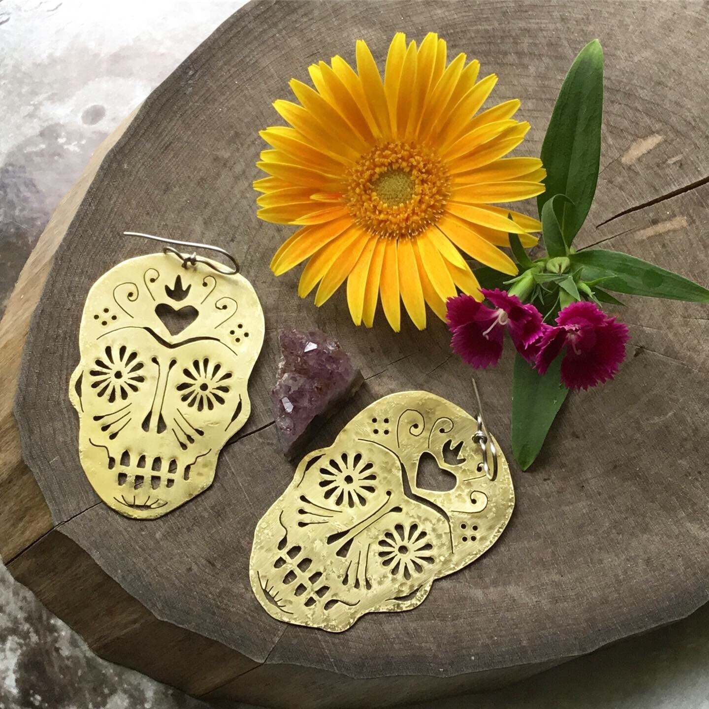 Sugar skull earrings , hand cut sugar skull earrings , day of the dead jewelry