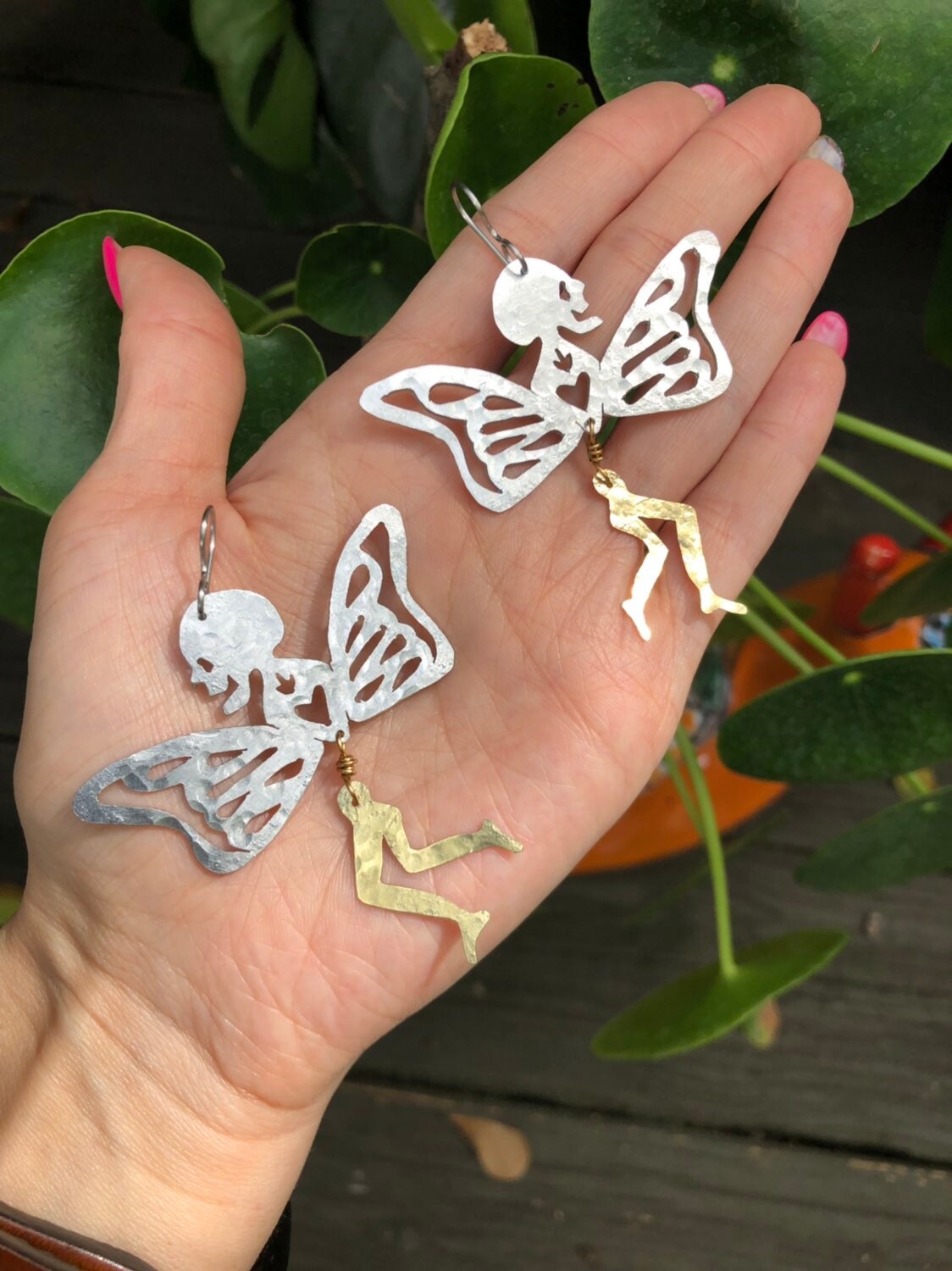 Handmade Surreal Butterfly Leg Earrings: Mixed Metal Skull Jewelry