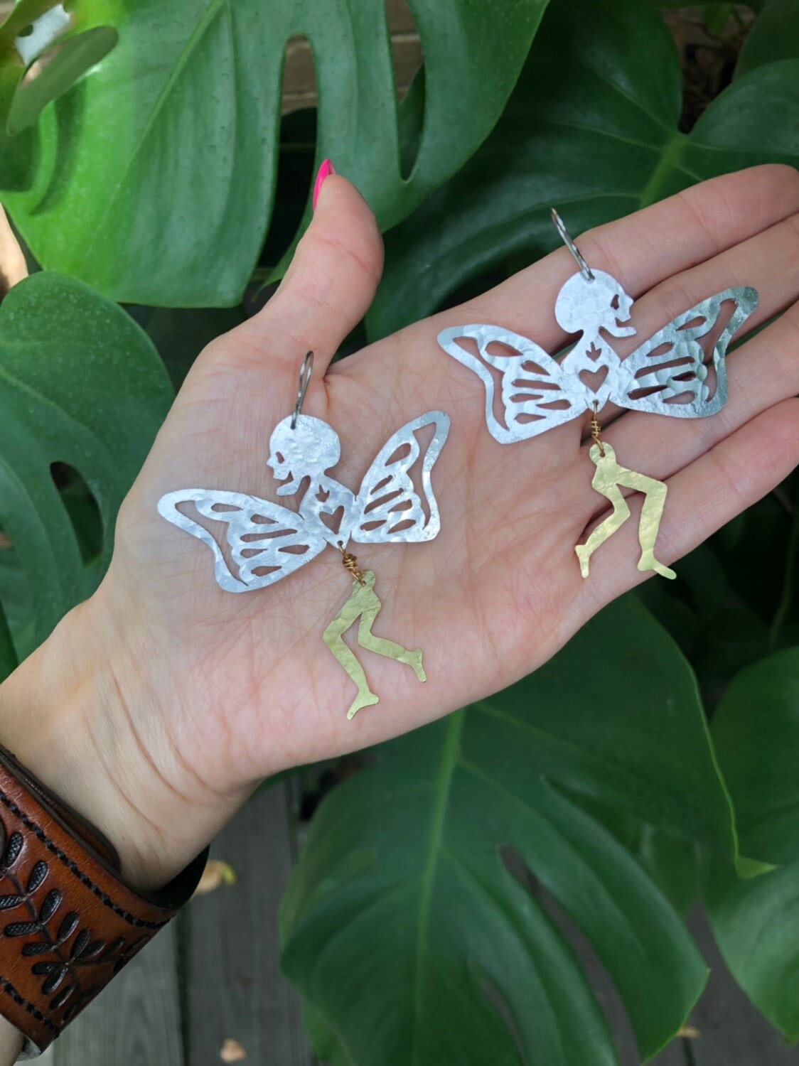 Handmade Surreal Butterfly Leg Earrings: Mixed Metal Skull Jewelry