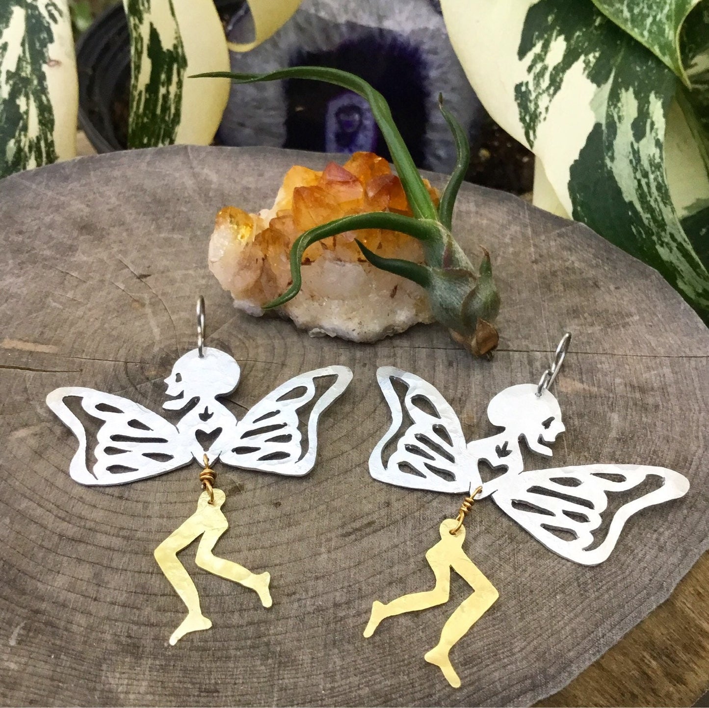 Handmade Surreal Butterfly Leg Earrings: Mixed Metal Skull Jewelry