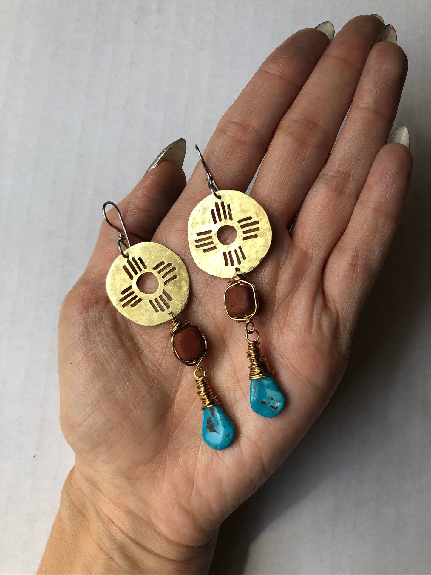 turquoise Zia drop earrings , New Mexico earrings , southwestern jewelry