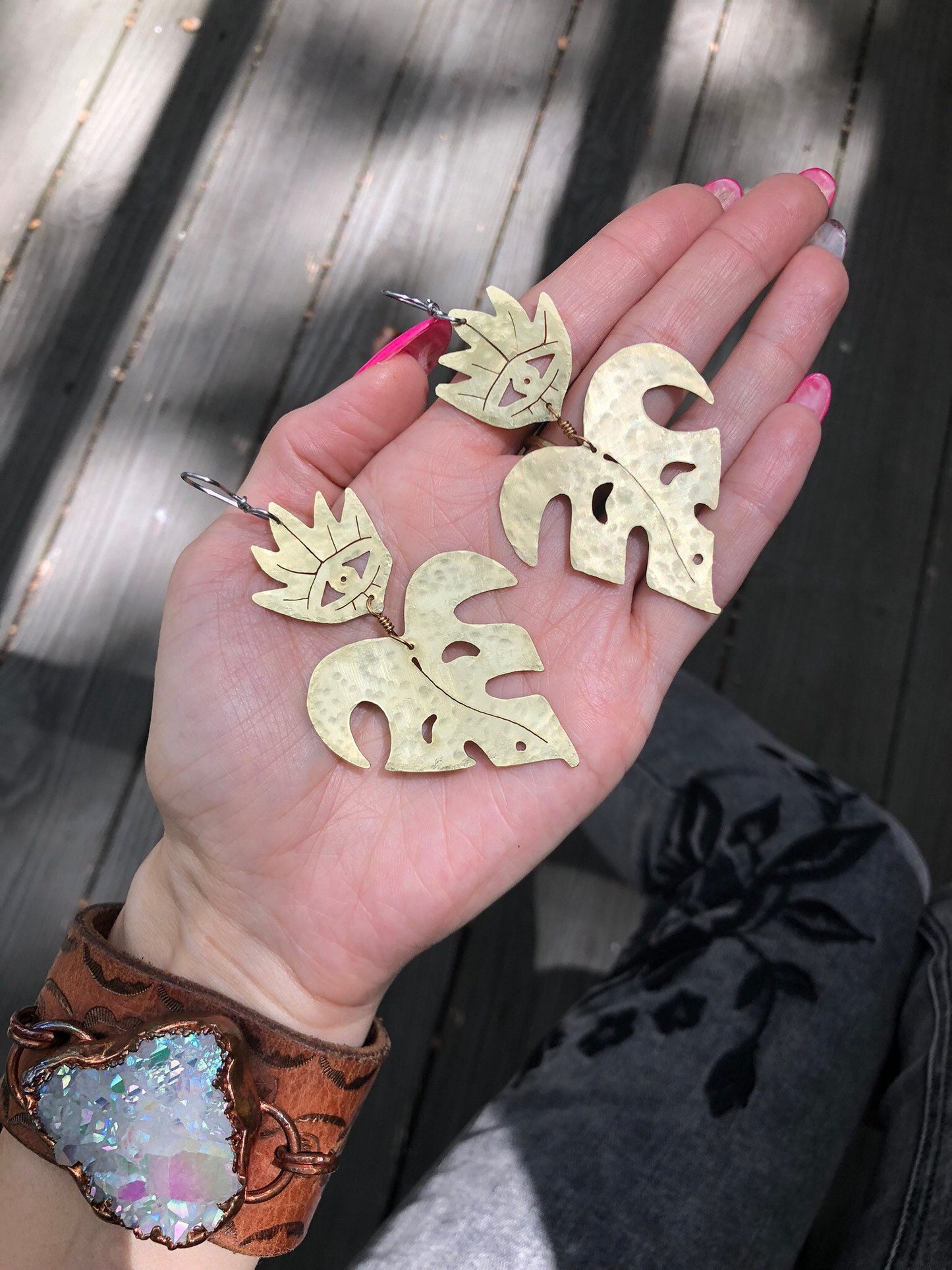 Handmade Sacred Heart Monstera Earrings: Hammered Brass Jewelry