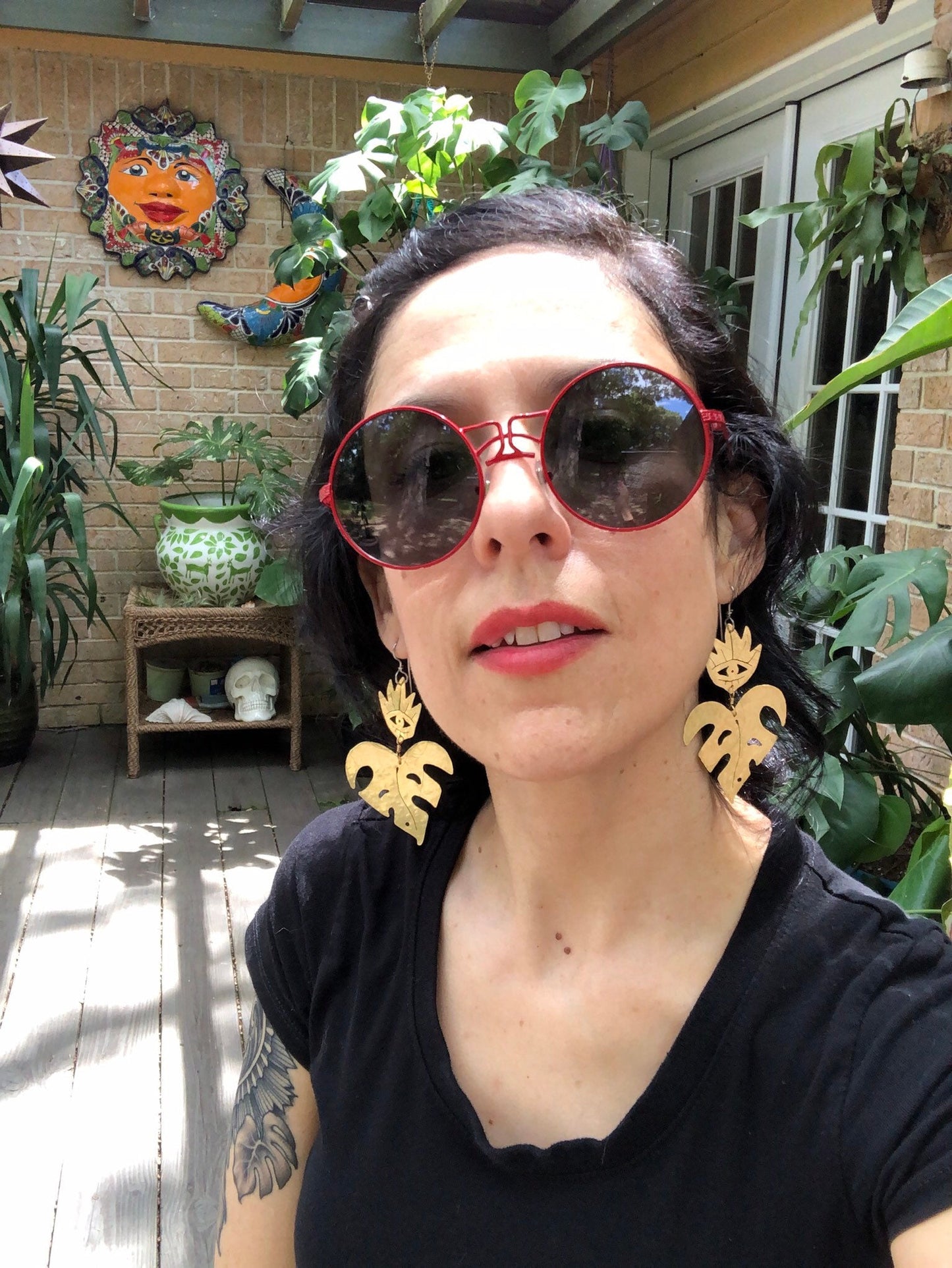 Handmade Sacred Heart Monstera Earrings: Hammered Brass Jewelry