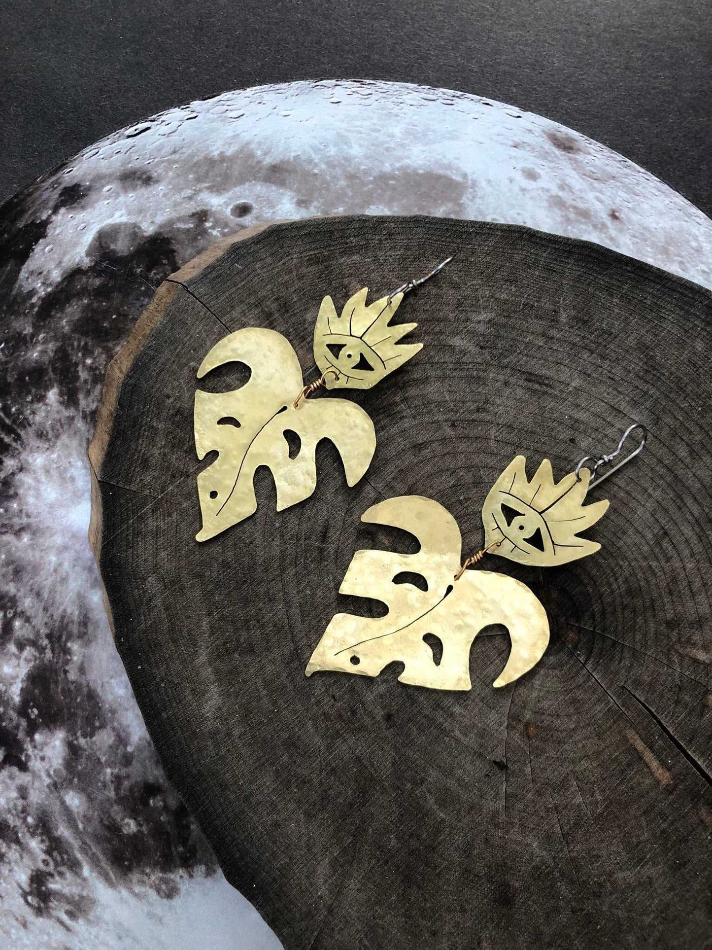 Handmade Sacred Heart Monstera Earrings: Hammered Brass Jewelry
