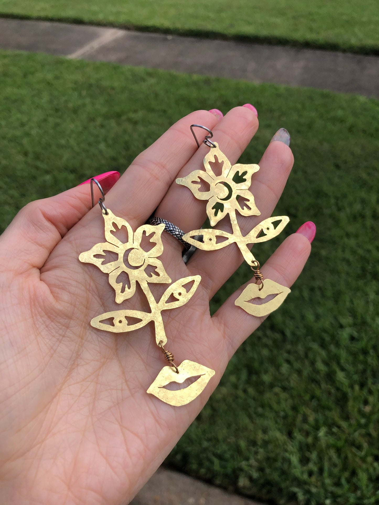 Celestial Flower Face Earrings: Brass Surrealist Jewelry