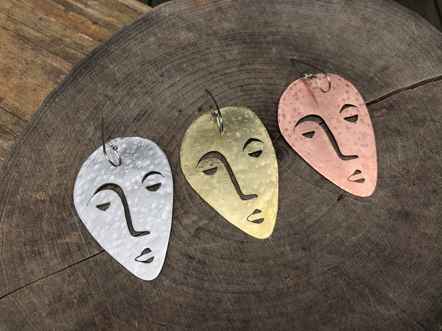 Handmade Surreal Face Earrings: Aluminum, Copper, or Brass