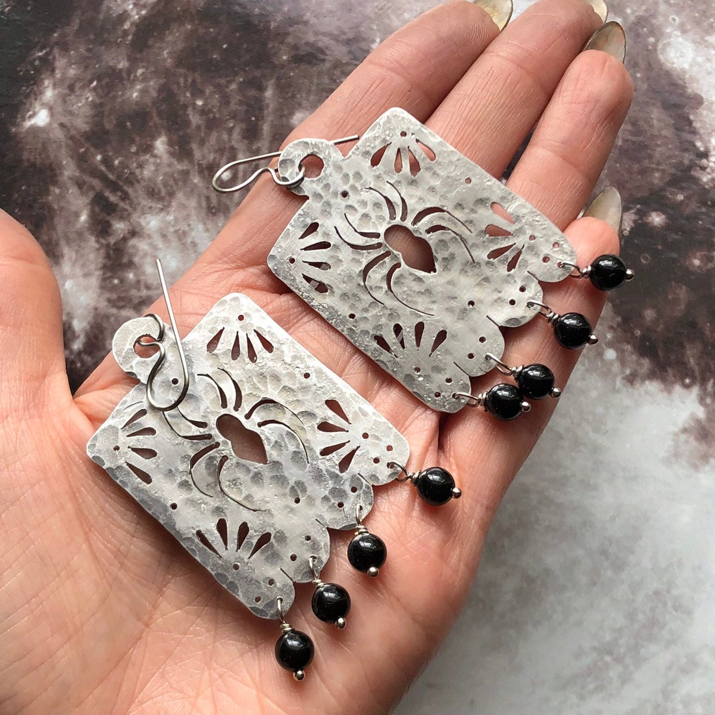 Handmade Metal Papel Picado Spider Earrings with Onyx Beads