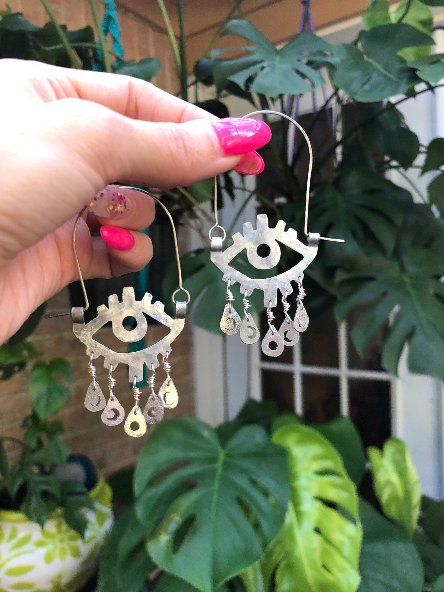 Handmade Moon Phase Eye Hoop Earrings: Aluminum, Copper, or Brass