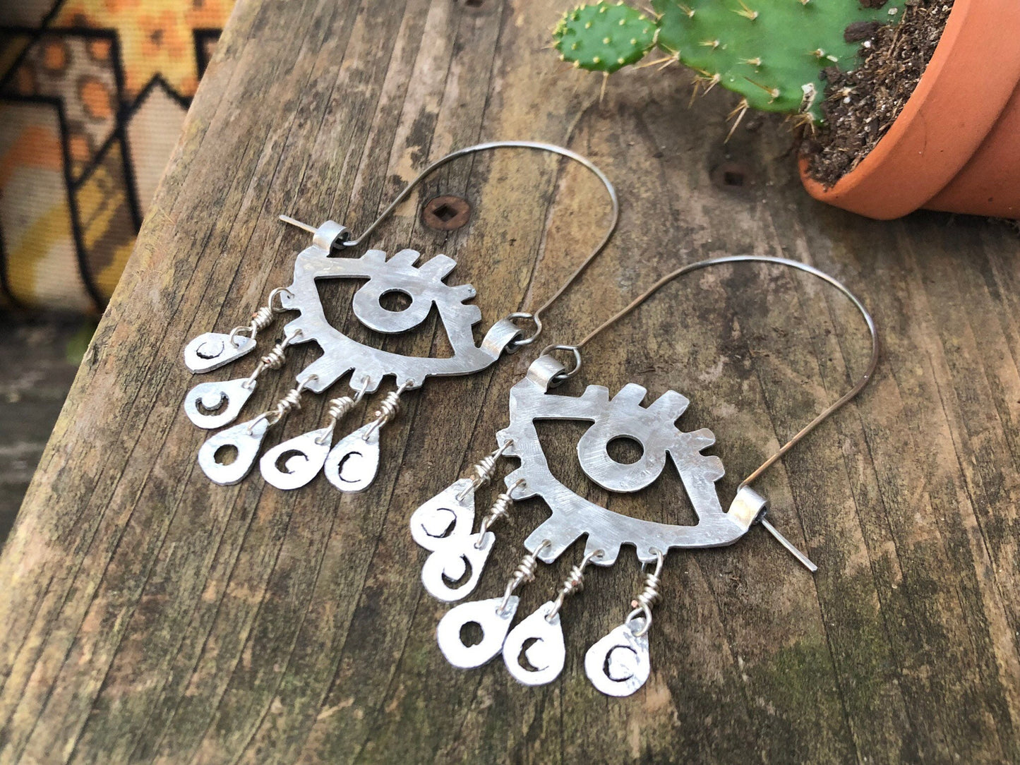 Handmade Moon Phase Eye Hoop Earrings: Aluminum, Copper, or Brass