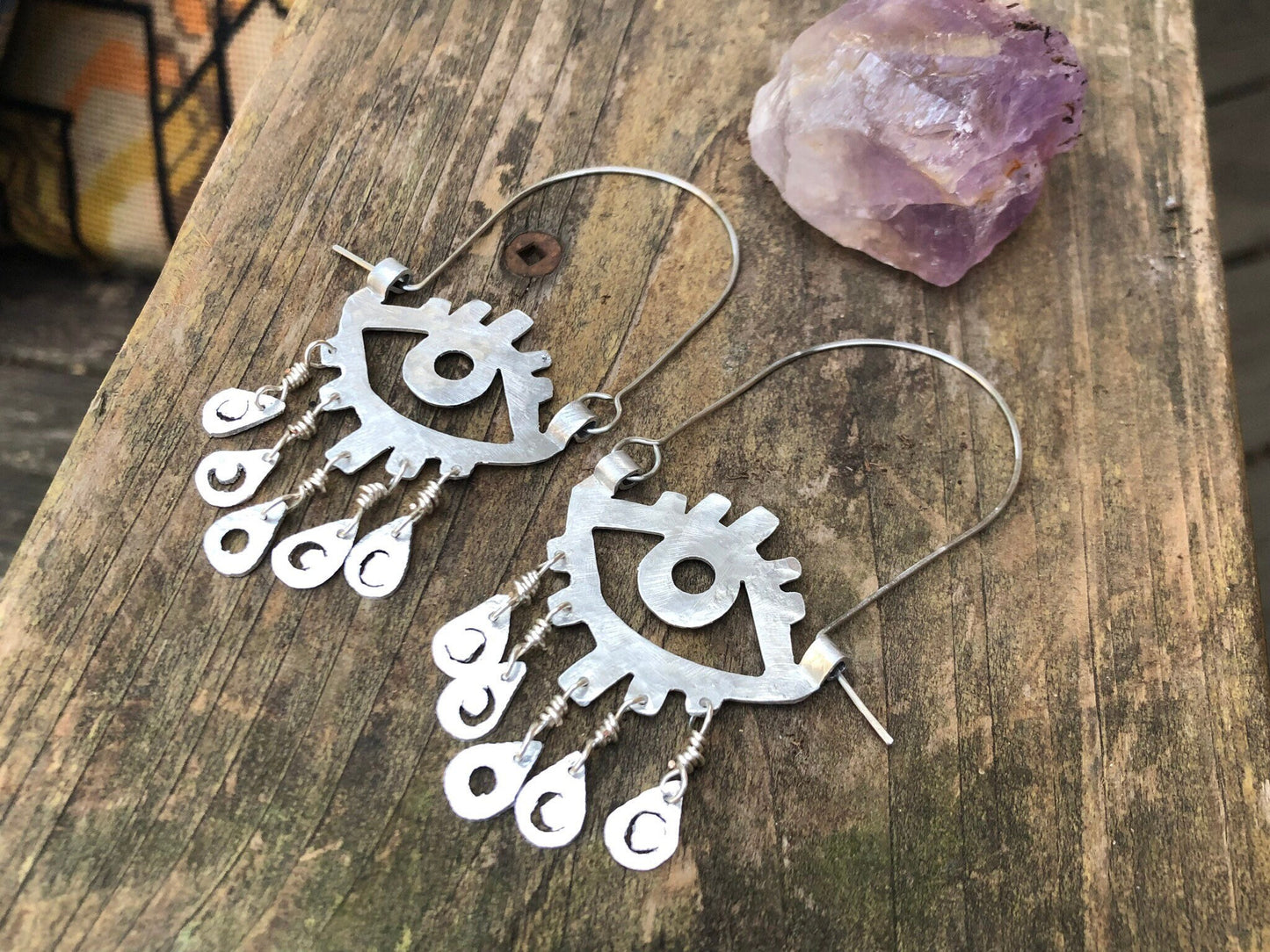 Handmade Moon Phase Eye Hoop Earrings: Aluminum, Copper, or Brass