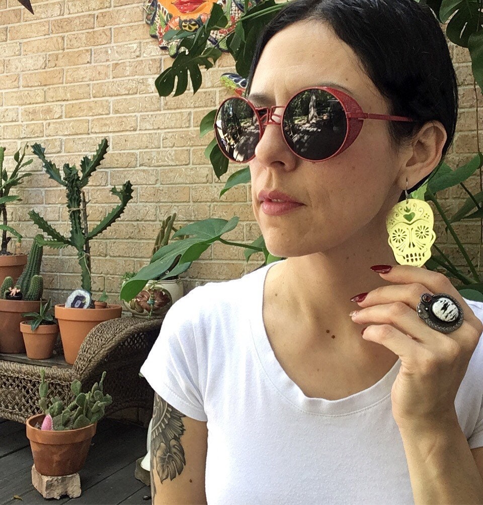 Sugar skull earrings , hand cut sugar skull earrings , day of the dead jewelry